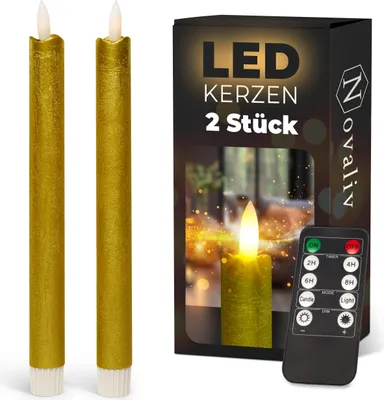 Produktbild von Stabkerzen LED mit Timer GOLD 2er indoor mit 6 Stunden Timer - ECHTWACHS 23cm Höhe für Kerzen 2,2cm Durchmesser 2 AAA Batterien notwendig LED Stabkerzen flackernde Flamme bewegliche Flamme