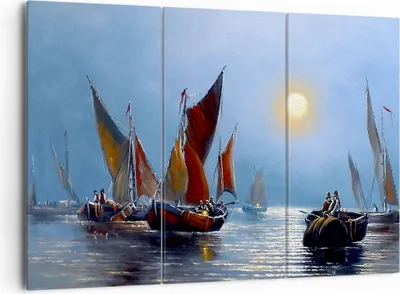 Produktbild von Bild auf Leinwand - Leinwandbild - Boote Sonne Fischer Angeln - 165x110cm - Wand Bild - Wanddeko - Leinwanddruck - Bilder - Kunstdruck - Wanddekoration - Leinwand bilder - Wandkunst - CE165x110-2957