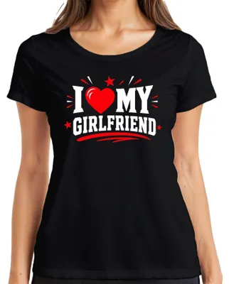 Productafbeelding van "Ik hou van mijn vriendin" - Hartjes, Valentijnsdag, grappige opdruk, dames T-shirt, zwart, maat S