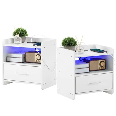Produktbild von FCH Nachttisch 2er Set, Beistellschrank Nachtschrank mit LED-Beleuchtung,16 LED Farben mit Ladestation und USB-Anschlüssen, Weiß