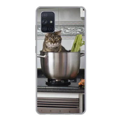 Produktbild von MuchoWow® Handyhülle Schutzhülle Hülle für Samsung Galaxy A71 Katze - Pfanne - Küche Silikon Softcase Handy Hülle - Kartenbesitzer