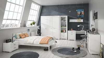 A modern bedroom setup with a bed, wardrobe, desk, and chair.