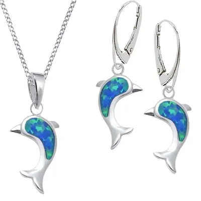 Delfine Schmuckset mit blauen Opalen – Ohrringe und Kette 50cm