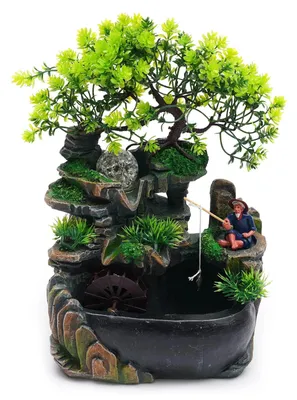 Produktbild von Innenraum Brunnen - LED beleuchteter Tischbrunnen - Polyresin Wasserfall - Mit Kunstpflanzen - Zen Steingarten Dekobrunnen für Zuhause