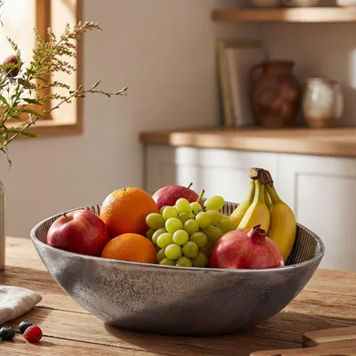 Produktbild von FineBuy Obstschale Silber Schale Metall 30cm Tischdeko Oval Moderner Obstkorb Rillen-Design Aluminium Elegante Alu Früchteschale Handmade