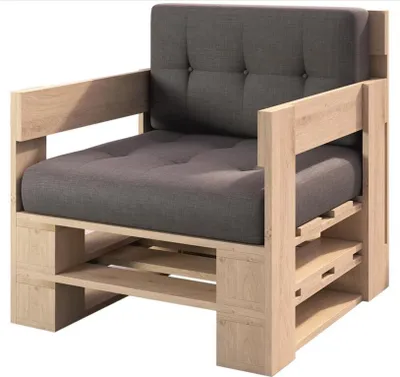A single armchair made from wooden pallets with gray cushions.