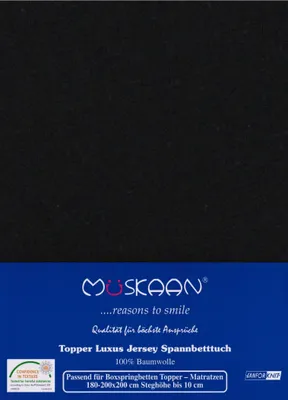 A black fabric product with brand and product information displayed on a blue background.
