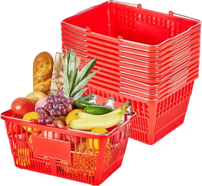 Image de Lot de paniers à provisions - Lot de 12 paniers de supermarché - Volume 21 L - Empilables - Plastique PE robuste - Poignées métalliques - Capacité de charge 9,07 kg - Pour le commerce de détail et les supermarchés