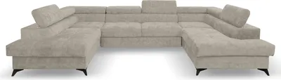 A U-shaped sectional sofa in a light beige fabric, shown from a front-facing angle against a white background.