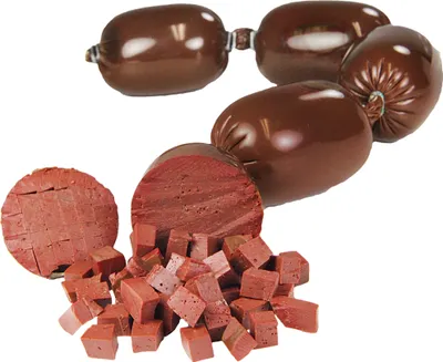 Several sausages are shown, some whole and some cut into pieces, against a white background.