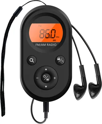 A black portable FM/AM radio with earbuds attached, displayed against a white background.