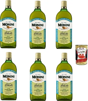 Produktbild von Monini Delicata Natives Olivenöl Extra 6×1 L – mild & ausgewogen, kalt extrahiert, 100% italienische Oliven – ideal zum Kochen & für Salate – Familien-Vorrat – + Italian Gourmet polpa