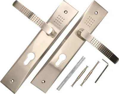 A pair of silver door handles with keyholes and accompanying tools on a white background.