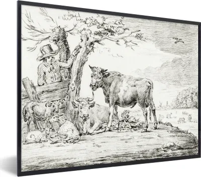 Produktbild von MuchoWow® MuchoWow® Gerahmtes Poster Landwirt am Zaun und Kühe - Gemälde von Jean Bernard 40x30 cm - Poster mit zchwarzem Bilderrahmen - Kunstposter - Wanddekorationen