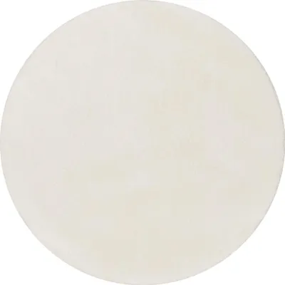 A round, cream-colored rug is shown against a white background.