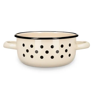 Produktbild von Emajlo Olkusz | Emaille-Kochtopf 1,5 l – 16 cm – Creme mit schwarzen Punkten – mit zwei Griffen – Induktion, KI-generiertes Bild