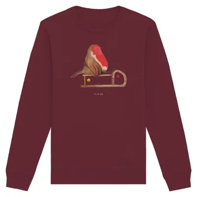 Produktbild von Mr. & Mrs. Panda Baumwoll Pullover Rotkehlchen Schlitten Größe M - Burgundy - Geschenk, Sweater, Vogel, Sweatshirt, Pulli, Weihnachten, Bio, Bio-Pullover
