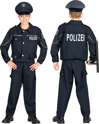 A child wearing a police costume, shown from the front and back.