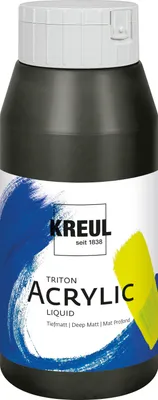 A bottle of black acrylic liquid paint with a white cap.