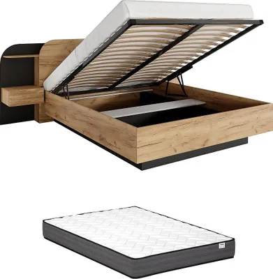 Produktbild von Bett mit Kommode und Nachttischen 160 x 200 cm - Mit LED-Beleuchtung - Natur und schwarz + Matratze - JUVISIA