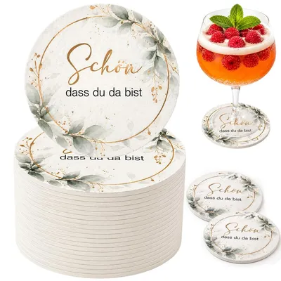 40 runde Bierdeckel Eukalyptus 'Schön, dass du da bist!' 10 cm