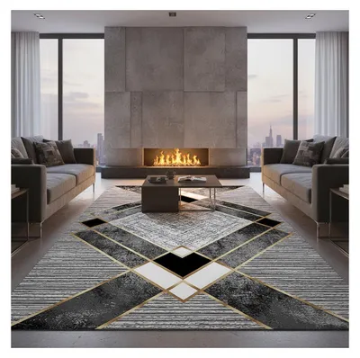 Produktbild von Moderner grauer und goldener Teppich mit Digitaldruck – Waschbar, rutschfest – Wohnzimmer, Schlafzimmer – 6–7 mm 80 x 300 cm