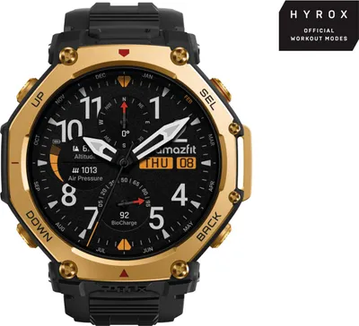 A close-up studio shot of a black and gold smartwatch with a black background.