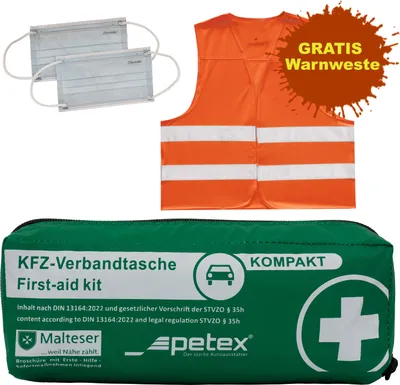 Produktbild von Verbandtasche  Inhalt nach DIN 13164:2022, grün + GRATIS Warnweste von PETEX