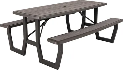 A dark gray, foldable picnic table with attached benches, shown from a slightly elevated side angle against a white background.