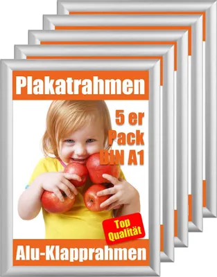 Produktbild von 5er Pack DIN A1 Klapprahmen, Alu Klapprahmen 5x A1, 5 Stück Plakatrahmen A1, Posterrahmen, Wechselrahmen, Bilderrahmen, Rahmen, Gehrung Eckprofil