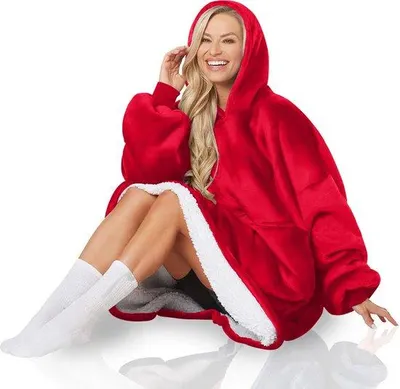Produktbild von Unyqoos® Hoodie-Decke mit Ärmeln – rote, extra lange Fleece-Decke für Erwachsene, One Size, Unisex, große Kängurutasche, maschinenwaschbar
