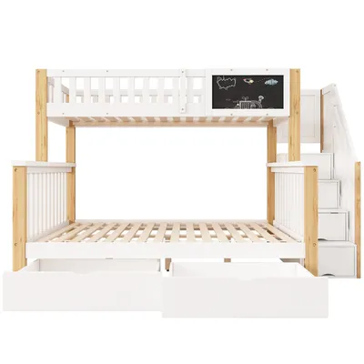 Produktbild von Flieks Etagenbett mit Rausfallschutz, Hochbett mit Treppe, Kinderbett mit Schubladen und Tafel, Massivholzbett Stockbett 90x200cm / 140x200cm