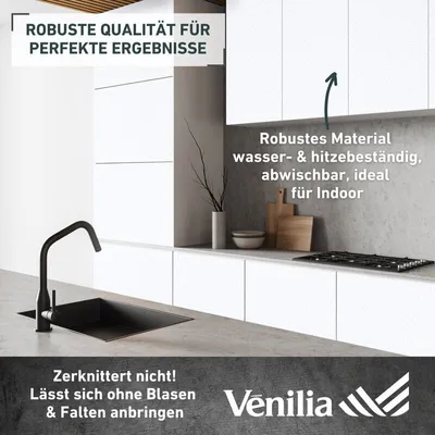A modern kitchen sink and countertop area with white cabinets and a black faucet, accompanied by text overlays highlighting product features.