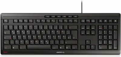 Produktbild von Cherry STREAM KEYBOARD Tastatur, Schwarz, Kunststoff, 463 x 163 x 18 mm, spritzwassergeschützt, flüsterleiser Tastenanschlag, SX-Scherenmechanik, 10 Office- & Multimediatasten, QWERTZ Layout, flache Bauhöhe, Plug & Play, für Büro & Homeoffice, Windows, Linux, macOS, Blauer Engel