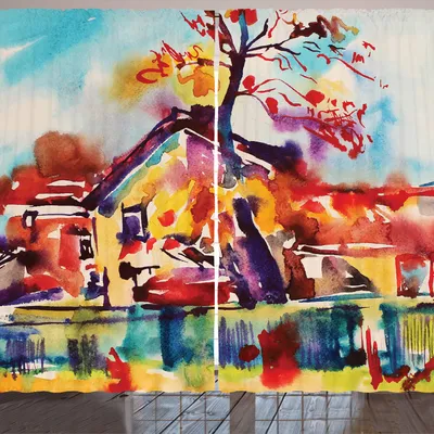 Produktbild von ARANDE Kunst Gardine, Malerpinsel-abstraktes Landschafts-Dorf mit unscharfer Farbeffekt-ländlicher Landschaft, 280 x 225 cm, Mehrfarbig