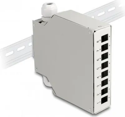 Produktbild von DeLOCK LWL Verteilerbox für Hutschiene 8 Port grau, Huckepack-Steckverbinder, Gerade, Weiblich, Grau, Metall, 126 mm