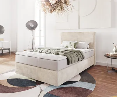Produktbild von DELIFE Boxspringbett Dream-Well 120x200 cm Cord Beige mit Taschenfederkernmatratze und Topper Visco