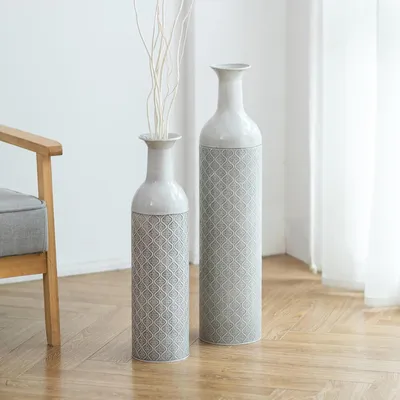 Produktbild von Grosse Stehende Blumentopf Set aus 2 großen glasierten Metallgefäßen für Pampasgras, 55/70cm, Vintage-Größe, für Wohnzimmer und Schlafzimmer