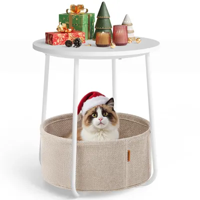 Produktbild von VASAGLE Beistelltisch, rund, mit Korb, Ø45 cm, weiß-beige