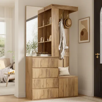Productafbeelding van MODFU Garderobesets met spiegel, schoenenkast met 4 lades, gangkast/garderobekast in natuurlijke houtkleur met 1 deur en haken, 100x35x180 cm