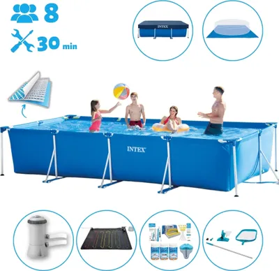Produktbild von Intex-Schwimmbecken mit rechteckigem Rahmen – 450 x 220 x 84 cm – Blau – im Lieferumfang enthalten Abdeckung - Bodenplane - Filterpumpe für Schwimmbad - Solarmatte - Wartungspaket - Reinigungskit