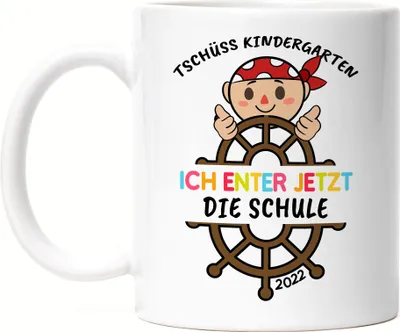 Produktbild von Tschüss Kindergarten Ich Entere Die Schule 2022 Tasse Einschulungsgeschenk Piraten-Fans Piraten-Boot