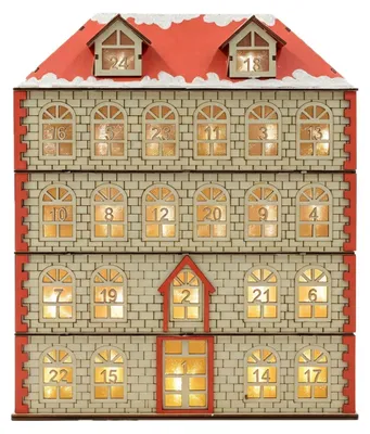 Produktbild von Zimilo Adventskalender aus Holz mit LED-Beleuchtung, 24 Schubladen, weihnachtliches Holzhaus als Tischdeko, wiederverwendbar, 26,5 x 32 x 8 cm