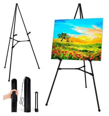 Produktbild von Faltbare Metallstaffelei – Verstellbare Bodenstaffelei mit Sofort-Stativ für Hochzeitsschilder, Malerei und Poster, Staffelei-Set (Schwarz, 1 Stück)