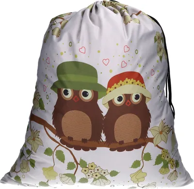 A drawstring bag with a print of two owls sitting on a branch.