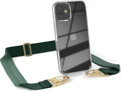 Produktbild von EAZY CASE - Hülle mit Band für Apple iPhone 12 Mini, Handyhülle mit Umhängeband, Silikonhülle transparent, Handykette in Grün