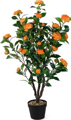 Produktbild von Künstlicher Baum mit 37 Kamelien, 102 cm, künstliche Blumenpflanze auf Zement-Topf, Innen- und Aussendekoration, künstliche Pflanze für Büro, Zuhause, Veranda