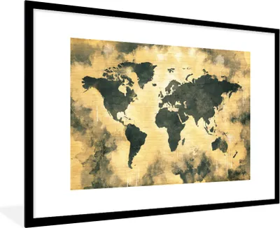 Produktbild von MuchoWow® MuchoWow® Gerahmtes Poster Weltkarte - Schwarz - Braun 90x60 cm - Poster mit zchwarzem Bilderrahmen - Wanddekoration - Fotos