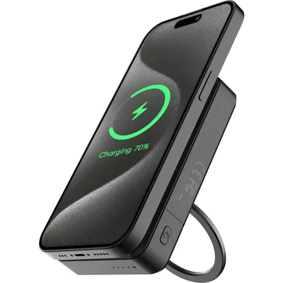 Produktbild von Cazy Magnetische Externe Batterie, Wireless Powerbank geeignet für Magsafe, 15W, 10000mAh Faltbarer Stand-Akkupack Tragbares Ladegerät, Kompatibel mit iPhone 12, 13, 14, 15, 16 - Klein und Stark - Schwarz