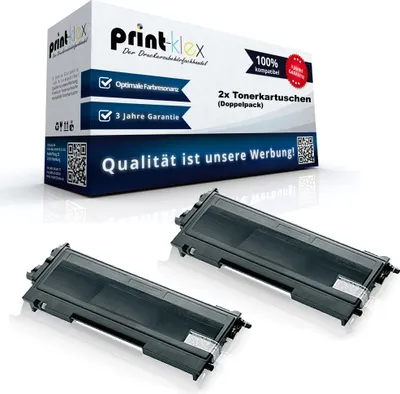 A product shot of two toner cartridges and their packaging, set against a white background with a subtle reflection.